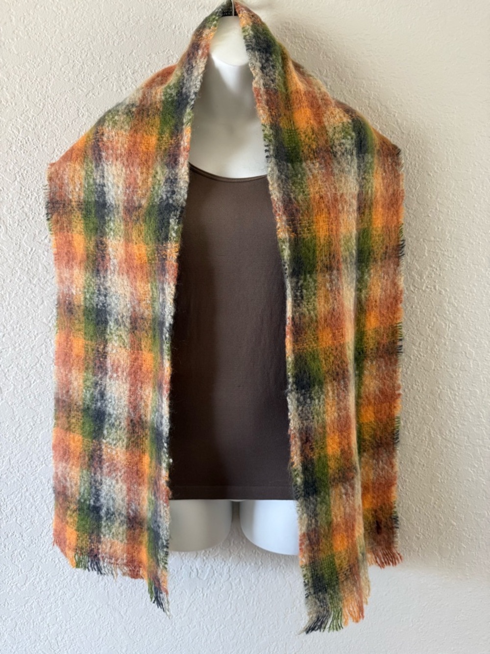 Donegal Design Earth Tone Plaid Scarf Mohair Wool Ireland Excellent Condition
